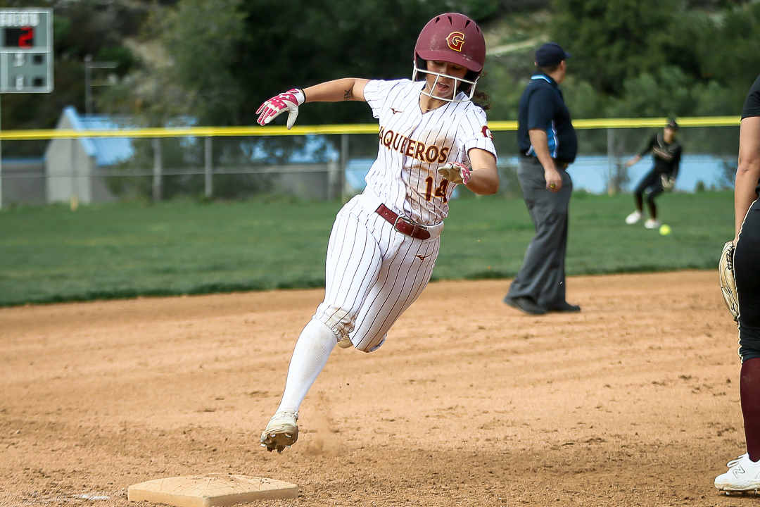 Mya Chacon steals home to help give GCC Softball a 5-4 win at Antelope Valley March 12; Lady Vaqs now 10-7 overall and 1-0 in WSC South